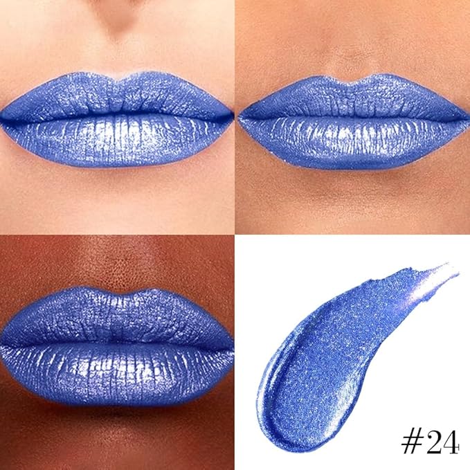 evpct Sky Blue Metallic Glitter Lip Liner and Lipstick Combo Lip Gloss Stain Set Makeup for Women Long Lasting Waterproof 24, Sky Blue Metallic Shimmer Frosted Iridescent Glossy Liquid Lipstick 24