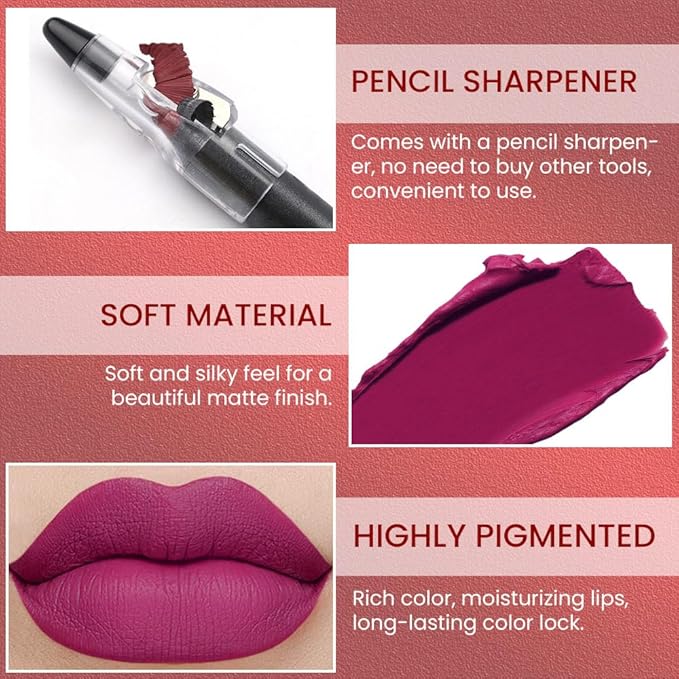 Rose Red Crayon Matte Lipstick Lip Liner Pencil, Moisture Smooth Lipstick Penil, With Pencil Sharpener Sharpenable Lip Pen Ultimate Lip Crayon for Women Easy to Apply Waterproof 08#
