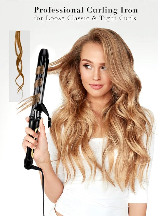 LANVIER 1.25 Inch Curling Iron, Extra Long Barrel 1 1/4 Inch Curling Iron for Long Hair up to 450F, Worldwide Dual Voltage Hair Curler for Traveling, Hair Waving Style Tool Black