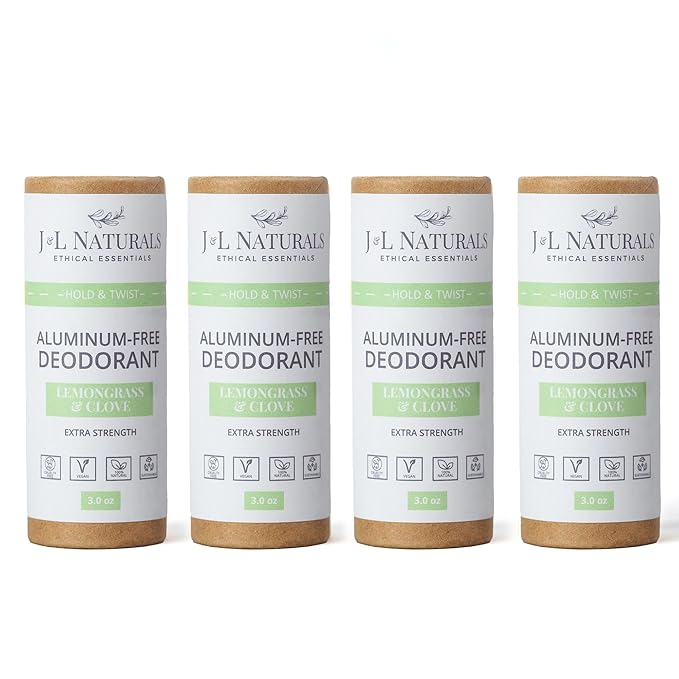 J&L Naturals Aluminum Free Deodorant for Men & Women | 100% Natural Ingredients With Coconut Oil, Shea Butter, & Essential Oils | Sustainable, Eco-Friendly (Lemongrass & Clove, 3.0 Oz (Pack of 4))