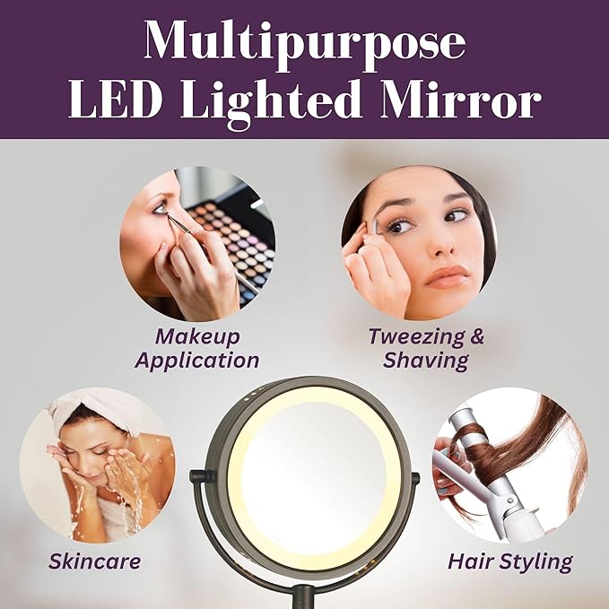 JERDON Two-Sided Wall-Mounted Makeup Mirror with Lights - Lighted Makeup Mirror with 8X Magnification & Wall-Mount Arm - 8.5-inch Diameter Mirror with Bronze Finish Wall Mount - Model HL75BZ