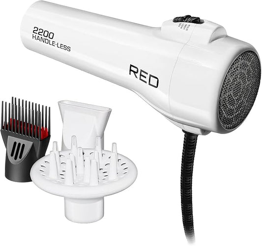 Red by KISS HandleLess Blow Dryer 2200W Ceramic Tourmaline White Color, 3 Heat Settings, Pik and Diffuser Included Comfortable Grip, Ionic for Frizz-Free Shine, Detangler & Straightening