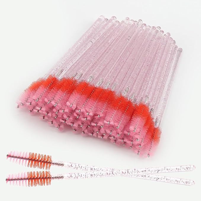 50 PCS Crystal Eyelash Mascara Wands Disposable Lash Brushes for Extensions Spoolie Brush Applicators Makeup Tool Kits (crystal handle red pink)
