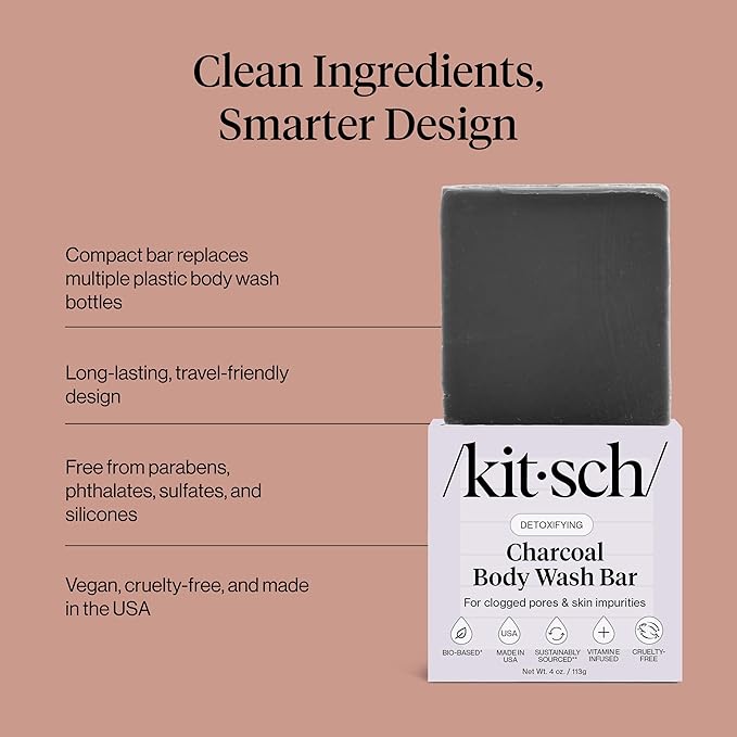 Kitsch Charcoal Soap Body Wash Bar – Detoxifying Bar Soap with Activated Charcoal – Gently Removes Excess Oil & Impurities, Clears Pores, Firms & Moisturizes Skin – Made in USA - 4 oz