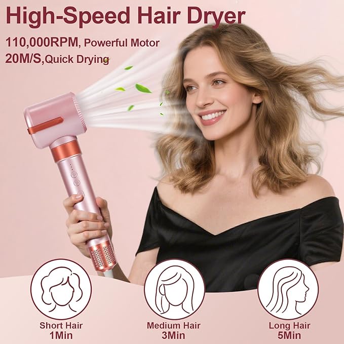 Hot Air Brush Blow Dryer, 7-in-1 Styler Curling Wrap&Hair Dryer - 110,000 RPM Negative Ion, 3 Temp Settings for Straightening/Curls/Drying/Smoothing-Hair Styling Tool