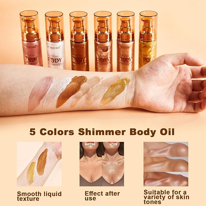 PHOERA Body Shimmer Oil,Waterproof Long Lasting Moisturizing Body Luminizer Glow, Illuminator Highlighter for Face with Makup Bursh, 1oz/Jars(101+103/ Rose Gold+Glistening Bronze)