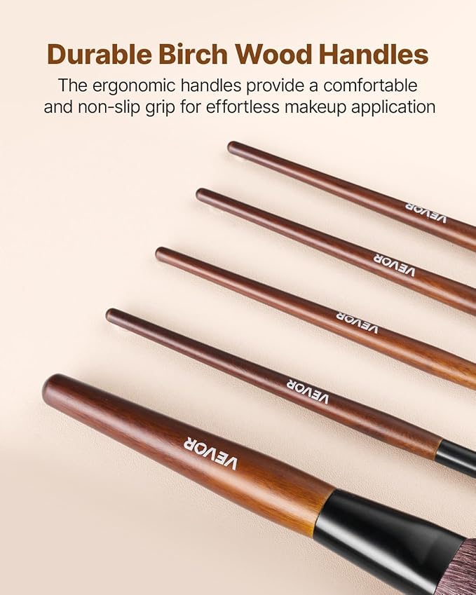 VEVOR 9-Piece Makeup Brush Set for Foundation Blending Eyeshadow, Professional Makeup Brush Kit with Soft Natural Wool & Vegan Synthetic Bristles, Ergonomic Wood Handle, Travel-Friendly Storage Bag
