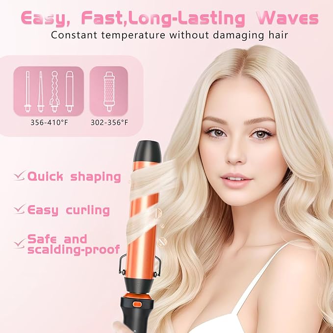 GSKY 5 in 1 Hair Curling Irons, Curling Iron Wand 5Pcs 0.5 to 1.25 Inch with Thermal Brush, Interchangeable Ceramic Barrel with Case Heat Protective Glove 2 Clips, Dual Voltage Hair Curler