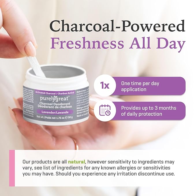 Purelygreat - Lavender Scented Charcoal Deodorant Cream, Chemical-Free Hygiene Essentials for Women, Natural Deodorant for Men Made with Activated Charcoal, Soda & Essential Oils, 1.76 oz / 50 g