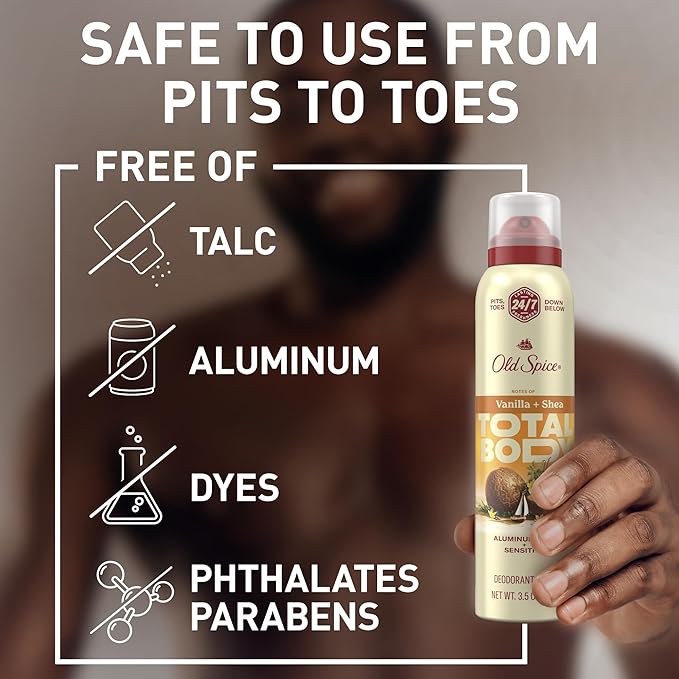 Old Spice Whole Body Deodorant Spray for Men, Aluminum Free, Vanilla + Shea Scent, 24/7 Odor Protection, 24/7 Lasting Freshness, Dermatologist Tested, Gentle on Skin, Safe to Use All Over, 3.5 oz