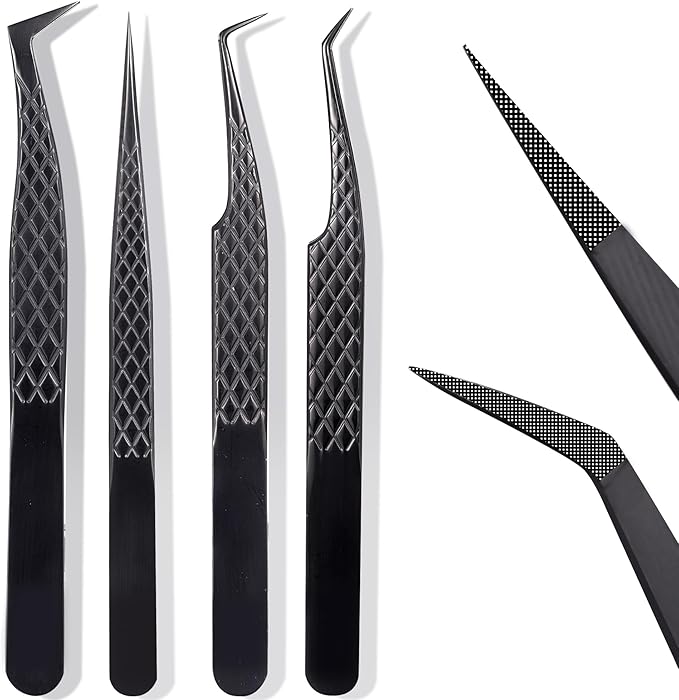 Fiber Tip Lash Tweezers For Eyelash Extension 4 Pcs Tweezers Professional Artist Tech Work Kit Tools,Best Volume Eyelash Lashes Extensions Precision Volume Boot 90 45 Degree(Titanium black)