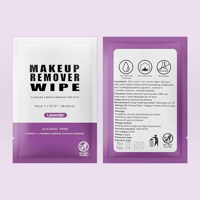 Pack of 100 Makeup Remover Wipes Individually Wrapped,Lavender Scent,Face Cleansing Wipes Bulk, Travel Towelette Makeup Remover Cloth for Face Cleansing Skin Care Remove Makeup