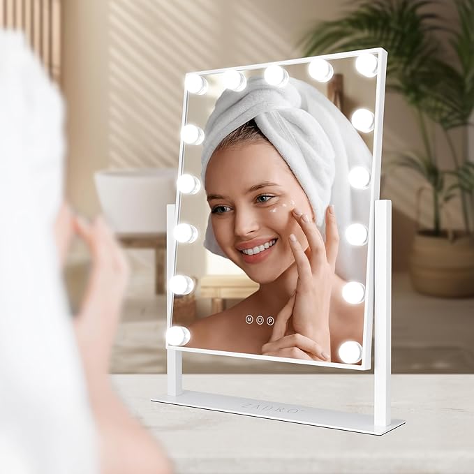 Zadro Hollywood Lighted Vanity Mirror with 15 LED Bulbs, 3 Color Light Settings, 360° Rotation Makeup Mirror Head (21" H x 18" W | 1X | Dark Green)