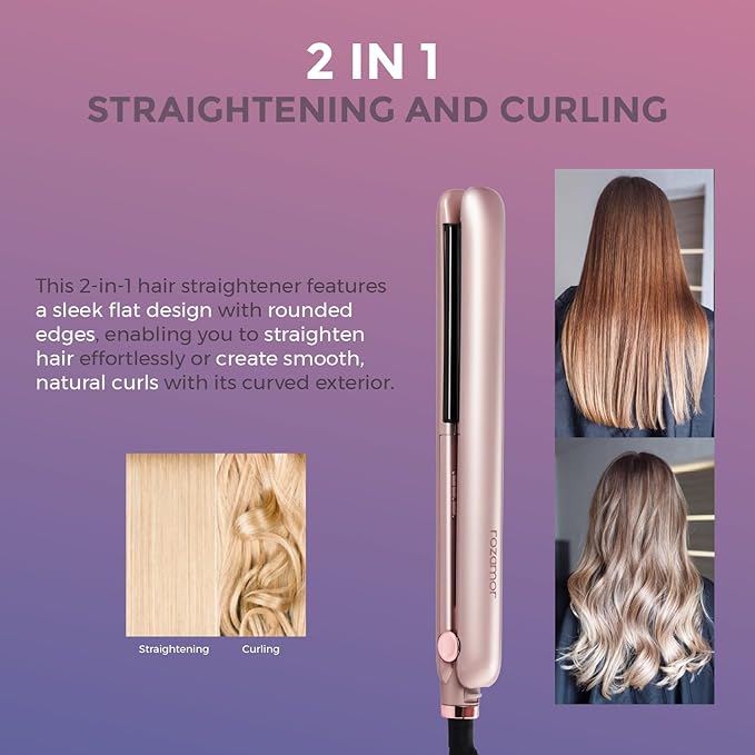 Titanium Flat Iron Hair Straightener, 1 Inch Fast Heating Dual Voltage Styling Tool, 2 in 1 Straightener & Curler for All Hair Types, Pink