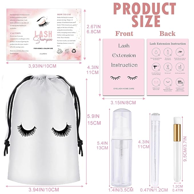 60PCS Lash Shampoo Bottles and Brushes Set, 10pcs Foam Pump Dispenser, Lash Cleaning Brush, Eyelash Extension Tube Brush, Instructions Cards, Bags, Lash Shampoo Stickers for Business Clients (B-white)