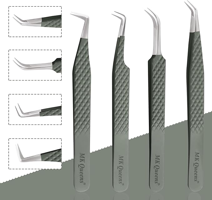 Fiber Tip Lash Tweezers For Eyelash Extension Tweezers Professional Eyelash Extension Tweezer - Set of 4 Pcs Diamond Grip Stainless Steel Fiber Tweezer (4, Green)