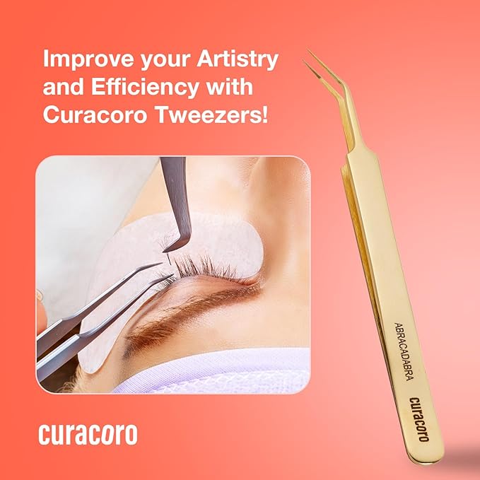 Curacoro Lash Tweezer - Professional & Precision Fiber Tip Grip Lash Tweezers for Eyelash Extensions, Multi Shapes & Purposes Tweezers for Volume, Isolation & Classic Lashes (Gold, Abracadabra)