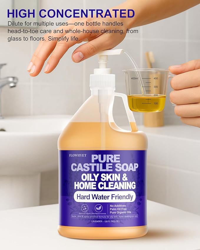 Pure Castile Soap Liquid Lavender 1 Gallon (128 fl oz) Refill – Natural Organic Body Wash, Hard Water Friendly Bath Soap Liquid for Oily Skin,Body,Face, Laundry & Home Cleaning