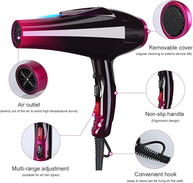 Ionic Hair Dryer with 3500W Motor, 3 Heat/2 Speed Settings, 2 Nozzles, 1 Diffuser for Professional Home Salon Use - Purple