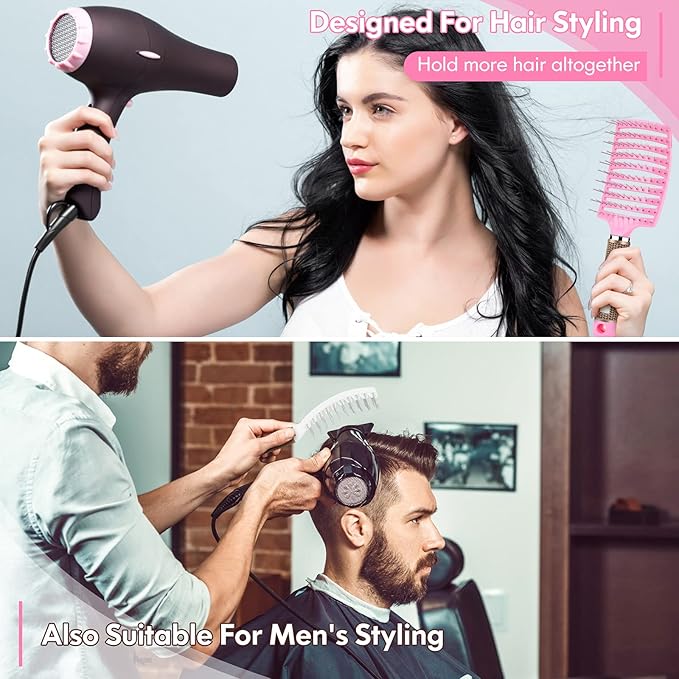 Hair Brush Set, Curved Vented Detangling Hair Brushes for Women Men Kids, Professional Vent Styling Brush for Wet Dry Curly Thick Straight Hair Fast Blow Drying Brush (Pink+ White)