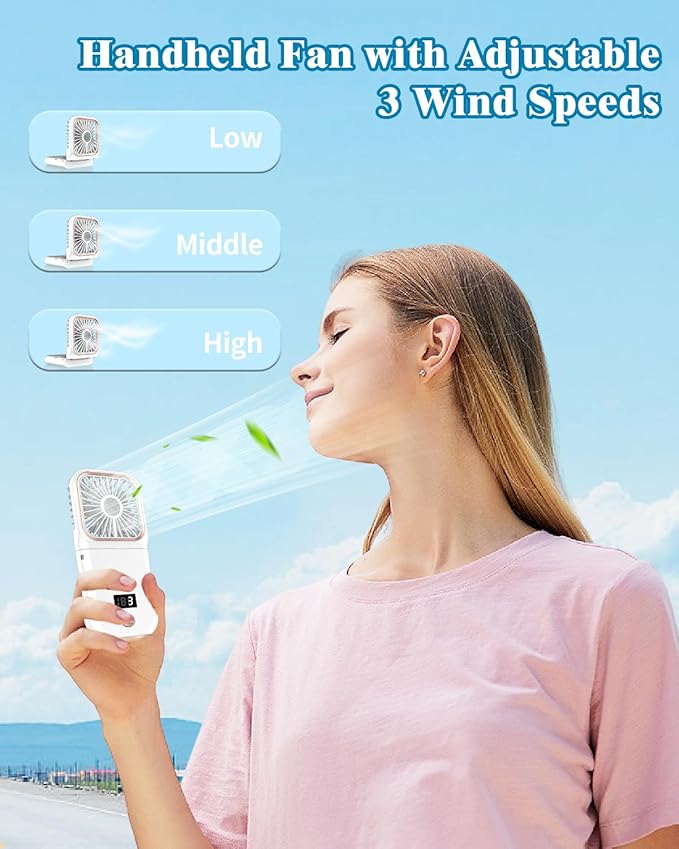 Handheld Fan Rechargeable,Portable Fan Battery Operated with LED Display,Mini Small Hand Foldable Fans with Power Bank,4000mAh Travel Personal Fans,Makeup LashFan for Girls Women Kids