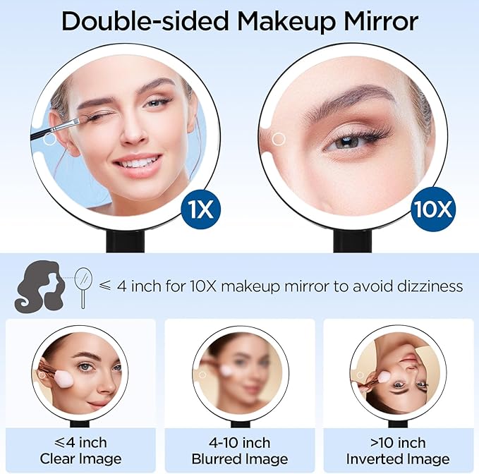 Lighted Makeup Mirror with 3 Color Modes & Dimmable Brightness, 360° Rotation, Double-Sided 1X/10X Magnifying Mirror, Rechargeable Portable Vanity Mirror for Home and Travel, Touch Control - White