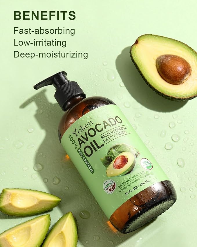 USDA Organic Avocado Oil Cold Pressed 16oz Glass Bottle - Non Greasy Moisturizing Carrier oils for Essential Oils Mixing, Unscented Body oil for Dry Scalp, Hair & Skin Hydrating, aceite para cabello