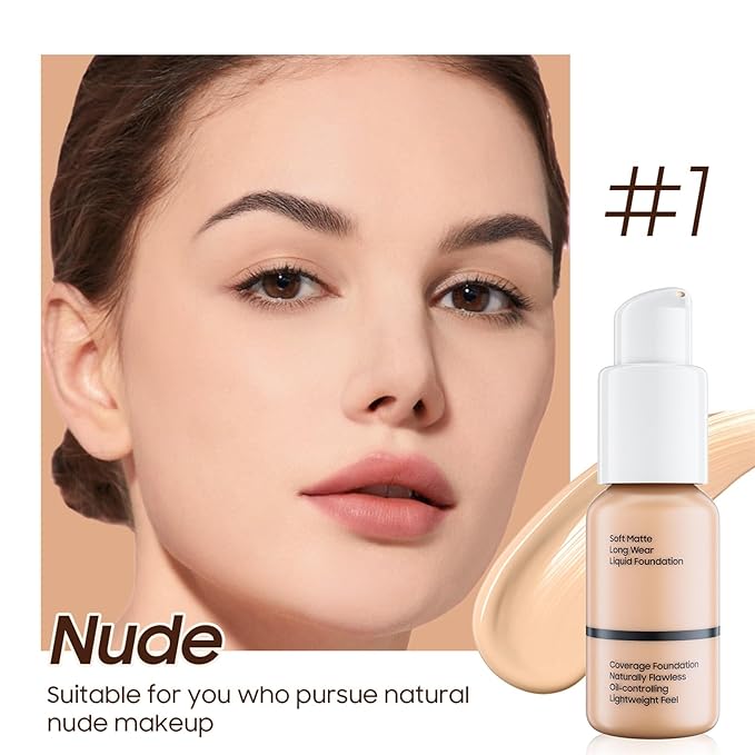 Matte Liquid Foundation Full Coverage - Flawless & Long-Lasting Oil Control Foundation Makeup, Lightweight Waterproof Concealer Cream for Dry and Oily Skin, 1 Fl Oz (2 Pack #102 Nude)