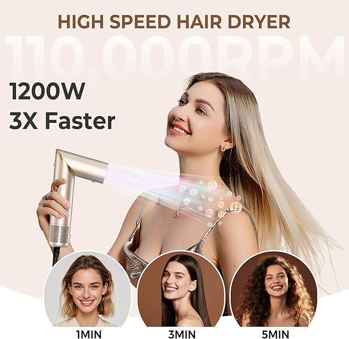 8 in 1 Hair Dryer Brush & Multi Hot Air Styler–Foldable 110,000 RPM Blow Dryer Brush Tool Set with Diffuser Auto-Wrap Curler for Fast Drying Curling Straightening Hair Daily Styling (1.25'')
