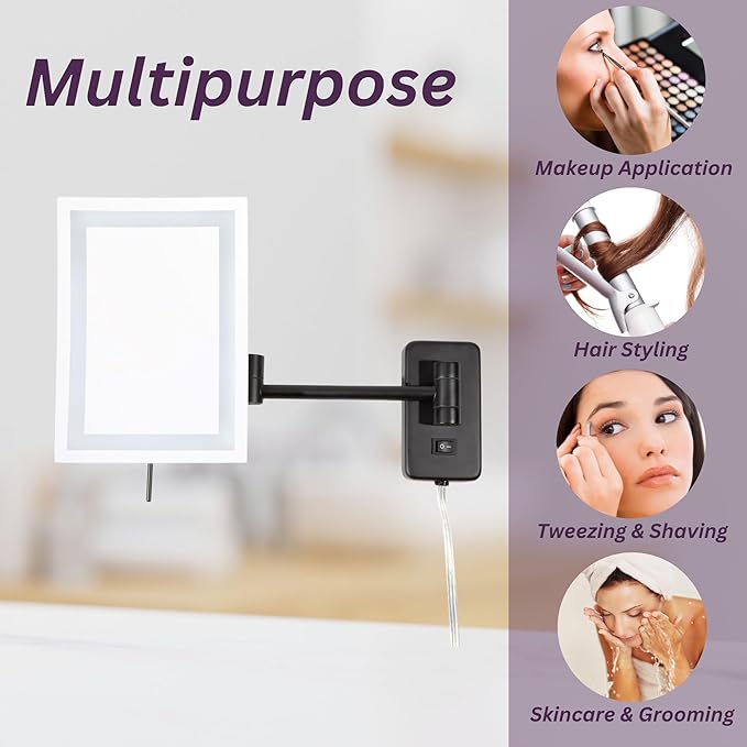 JERDON Rectangular Wall Mount Makeup Mirror - Black Makeup Mirror with 5X Magnification and LED Lights - Plug in - Model JRT710BKL