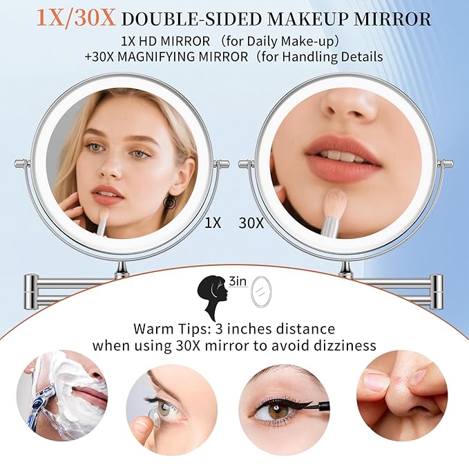 30X/1X Wall Mounted Lighted Makeup Mirror, 10'' Double Sided 4500mAh Rechargeable Magnifying Bathroom Mirror with Light, 3 Color Modes Touch Dimmable Extended Arm 360 Rotation with Adapter,Chrome