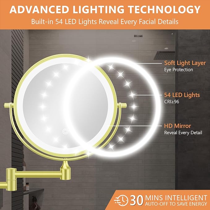 Auxmir 1X/20X Wall Mounted Makeup Mirror with Light, 8" Rechargeable Double-Sided Magnifying Mirror, Vanity Mirror Dimmable 3 Color Light, 360° Extension Rotation Foldable 14.5 Inch Arm for Bathroom