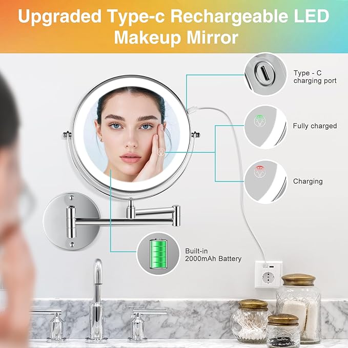 30X LED Lighted Makeup Mirror: 8.5in Wall Mounted Magnifying Mirror with Light - Chrome