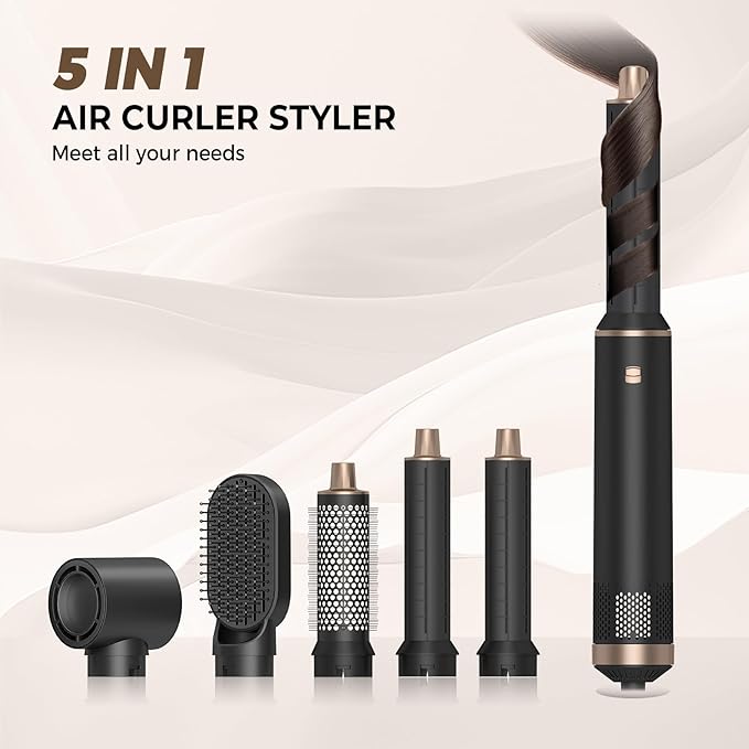 5 in 1 Hair Dryer Brush Hot Air Curling Brush Negative Ion Air Styler，Multi Function Blow Dryer Brush with Curling Wand, Straightening Brush, and Volumizing Hot Air Brush for All Hair Types（Black）