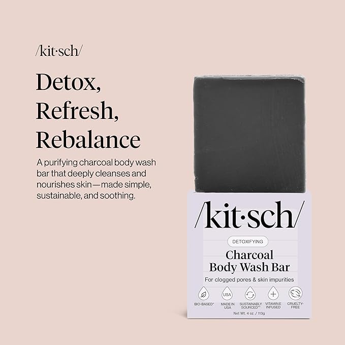 Kitsch Charcoal Soap Body Wash Bar – Detoxifying Bar Soap with Activated Charcoal – Gently Removes Excess Oil & Impurities, Clears Pores, Firms & Moisturizes Skin – Made in USA - 4 oz