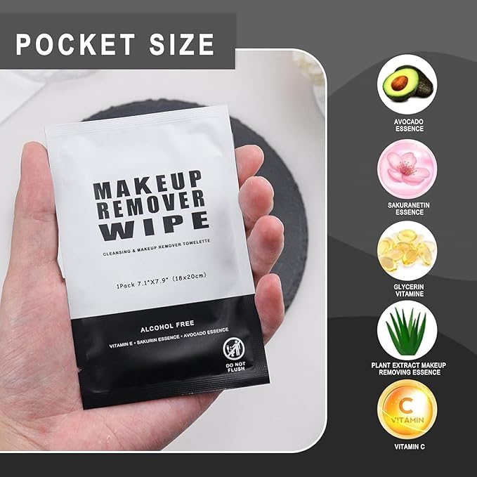 200 Count Makeup Remover Wipes Bulk Individually Wrapped Face Cleansing Wipes,Travel Towelette Makeup Remover Cloth for Face Cleansing Skin Care Remove Makeup(Black)