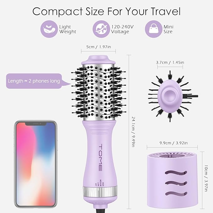 Tome Travel Hair Dryer Brush, Dual Voltage Blow Dryer Brush, Mini Hot Air Portable 2 inch Travel Hair Dryer Styler Volumizer Oval Shape (Purple)