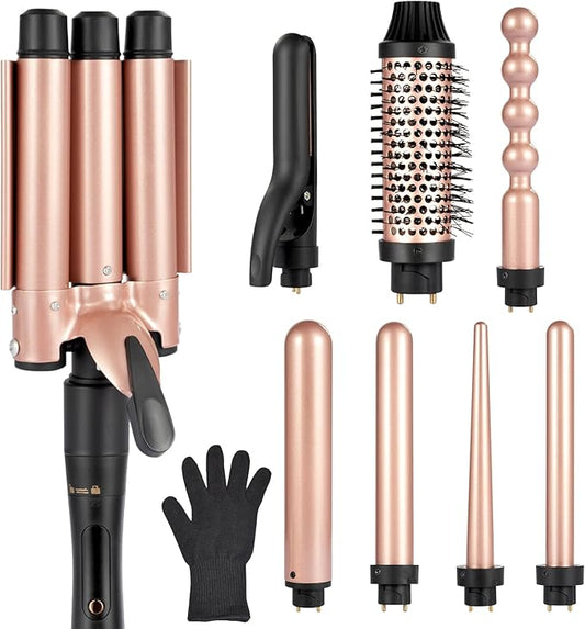 Ideal Swan 8 in 1 Curling Iron Set, Hair Curler Set with Curling Brush and 7 Interchangeable Ceramic curlers Wand (0.35"-1.25”), Hair Curler for Women All Hair Types and Travel Use, Gifts for Women