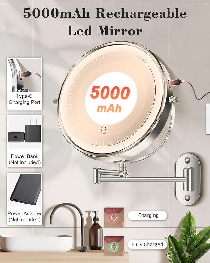 30X/1X Wall Mounted Lighted Makeup Mirror, 9'' Height Adjustable Double Sided 5000mAh Rechargeable Magnifying Bathroom Mirror with Light, 3 Color Modes Touch Dimmable Extended Arm 360 Rotation