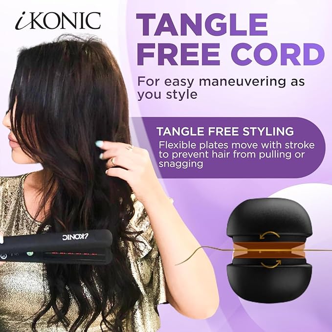 IKonic 100% Tourmaline Ceramic Hair Straightener & Curler, Anti-Static Infrared Ionic 2-in-1 Dual Voltage Flat Iron, 1” Floating Plates, Temp 140–450°F, Frizz-Free & Fast Heat Hair Iron (Pack of 2)
