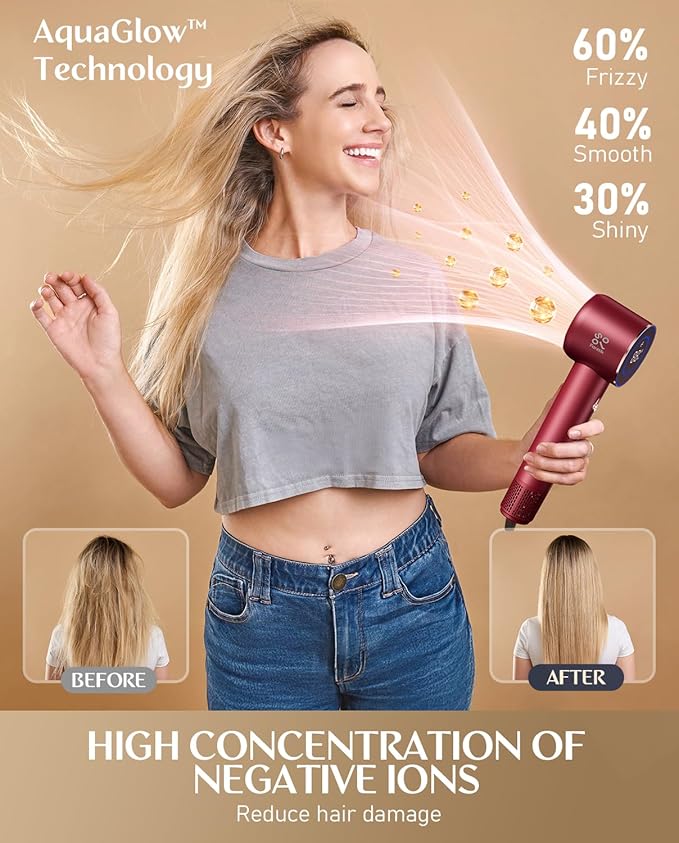 Fanttik Solo 80% Faster Drying with 110,000 RPM Brushless Motor Blow Dryer, 56dB Low-Noise, 0.74lb Ultra-Light Blow Dryer, Ionic Tech for Travel, Home, Salon, SonicDry H10 APEX - Red