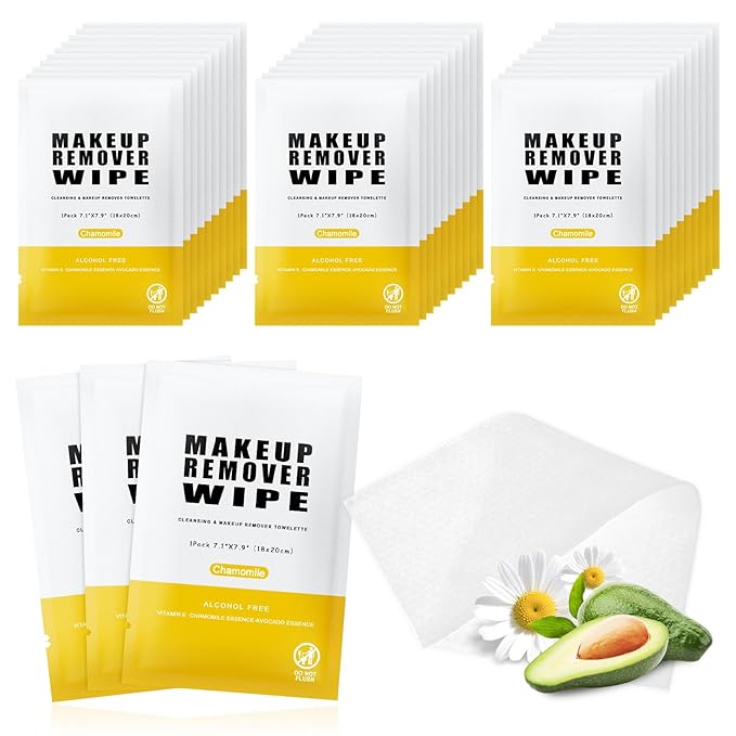 Pack of 200 Makeup Remover Wipes Individually Wrapped,Chamomile Scent,Face Cleansing Wipes Bulk, Travel Towelette Makeup Remover Cloth for Face Cleansing Skin Care Remove Makeup