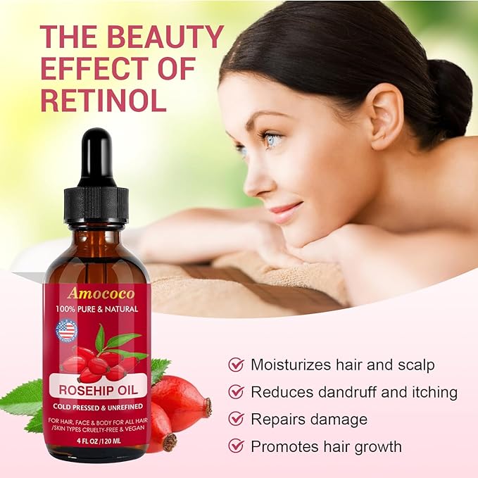 Organic Cold Pressed Rosehip Oil for Face, Natural Rose Hip Seed Oil, Nutrient Rich Facial Serum for Skin Care, Moisturize Dry Skin, 1 Fl Oz (30mL)