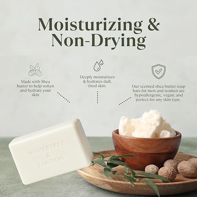 Wavertree & London Basil Lime & Mandarin Scented Natural Soap Bar, 7oz Moisturizing French Triple Milled Soap Bar for Women & Men Enriched with Organic Shea Butter, Pure Bath & Body Soap (1 Bar)