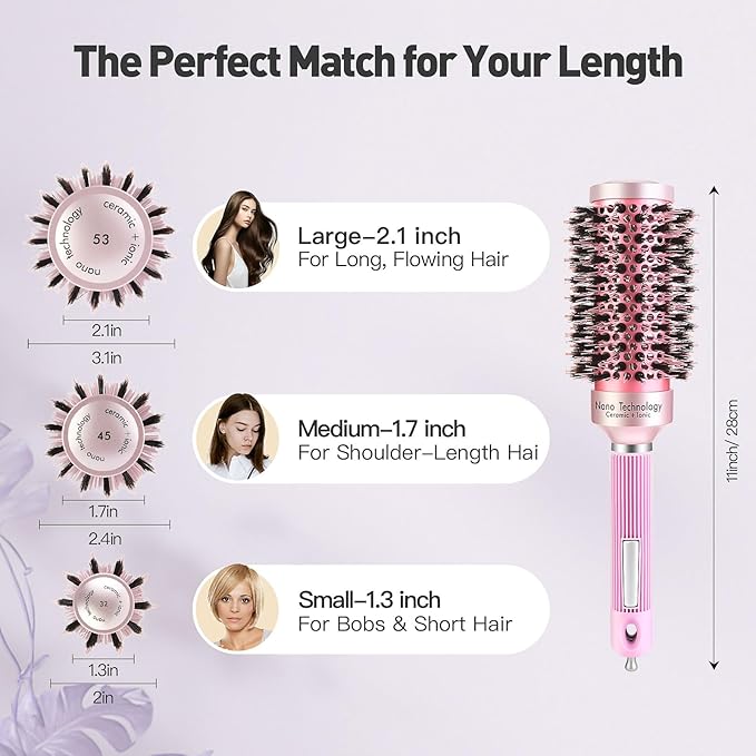 URTHEONE Round Hair Brush for Women Blow Drying, Ceramic Ionic Styling Tool with Mixed Bristles and Hair Clips, for Smooth and Voluminous Styles on Short Bangs Hair (1.3 Inch)
