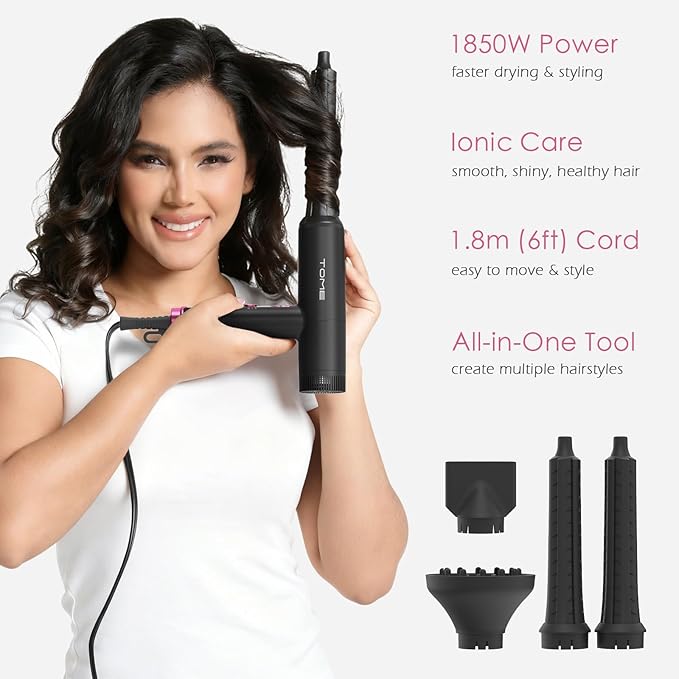 TOME Hair Dryer with Diffuser 1875W High Speed Blow Dryer Ionic 110000 RPM Cool Shot Lock 1 inch Air Curling Wands Nozzle Light Weight Hot Pink