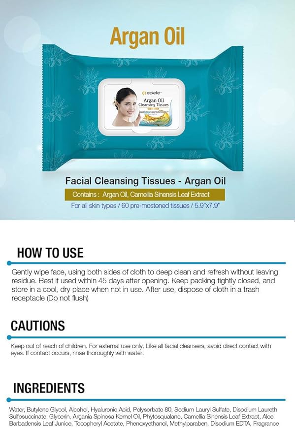 Epielle Argan Oil Makeup Remover Wipes, Gentle Daily Facial Cleanser Towelettes, Remove Dirt, Oil & Waterproof Mascara, Stocking Stuffers, 60 Count (Pack of 4)