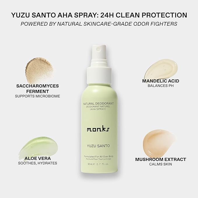 MONKS Whole Body Natural Deodorant Spray - For Women and Men, Aluminum-Free, Baking Soda Free, Probiotics, Organic AHA’s, Pure Essential Oils (Yuzu Santo)