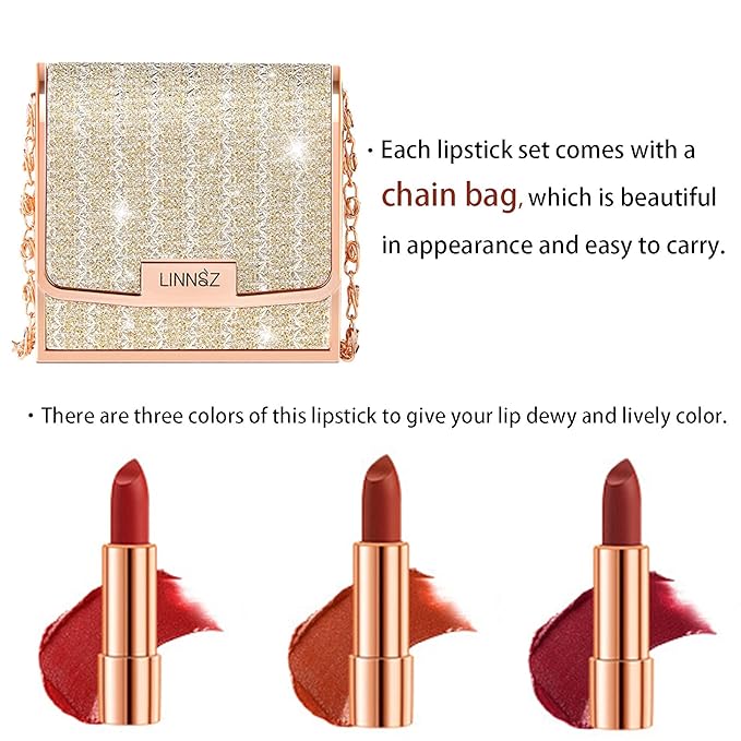 Matte Lipstick Makeup Set for Women - 3pcs Long Lasting Velvet in Glamour Chain Bag, Non-Stick Cup Red, Not Fade Waterproof, Lip Kit Gift Set