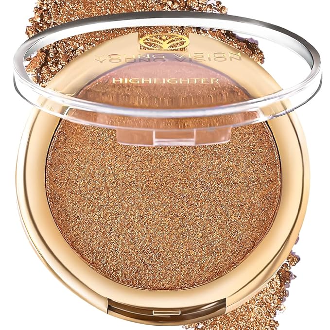 YOUNG VISION Pressed Powder Highlighter, Baked Natural Glow Contour Powder & Face Highlighter, Cruelty Free, Shimmer Highlighting Makeup for Face, Eye, Eyeshadow, Body, Skin (Brown)